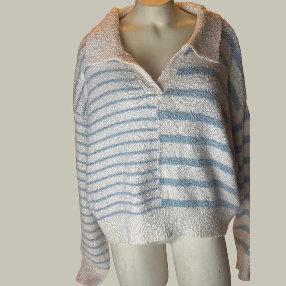 Altar'd State Striped Popcorn Knit Sweater XL Blue Cream V-Neck Collared Relaxed
